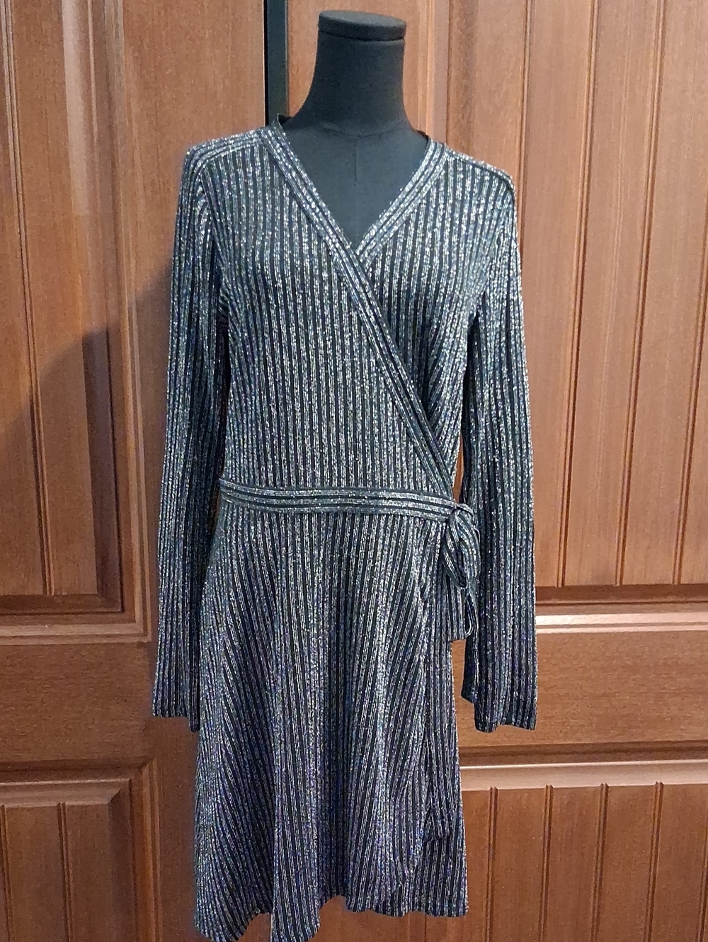 BCBGMaxAzria Black Metallic Ribbed Wrap Dress